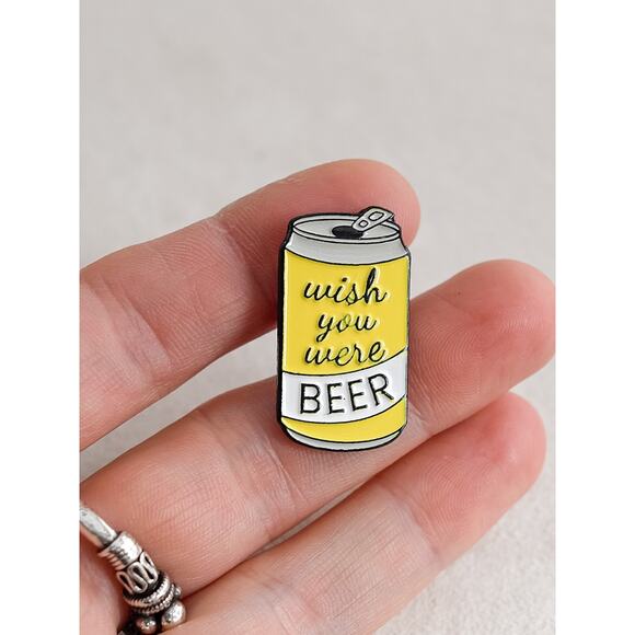 Small Funny Beer Can Pin Yellow Enamel Wish You Were Beer Button Pin Novelty - Picture 1 of 3